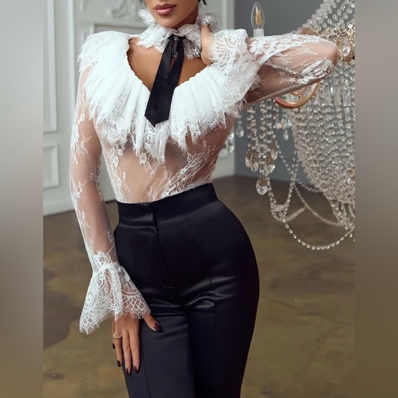 Plus Size Elegant Lace Blouse with Ruffled Sleeves /Tie Neck – Black & White Top - Picture 1 of 4